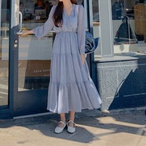 Polka-Dot Tiered Maxi Dress [Sky Blue - One Size]